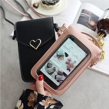 

Transparent Touch Screen Women Heart-shaped Mobile Phone Bag 2020 Retro Mini Messenger Lady Handbag And Purses Small Phone Bag