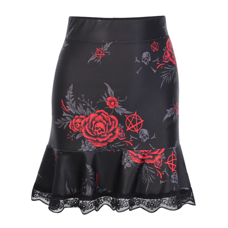 InsGoth, винтажная черная облегающая юбка с принтом в виде Розы и черепа, женские готические уличные юбки с высокой талией, женские сексуальные вечерние юбки - Цвет: Black