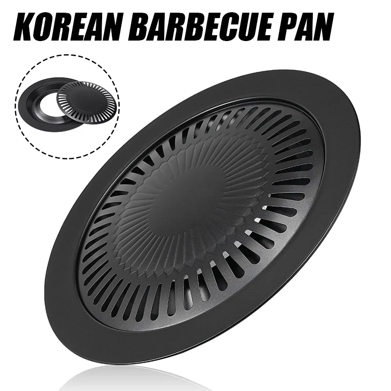

32cm Round Iron BBQ Grill Pan Korean Meat Roast BBQ Grill Plate With Holder Non Stick Barbecues Cooking Pan Tools Easy Clean