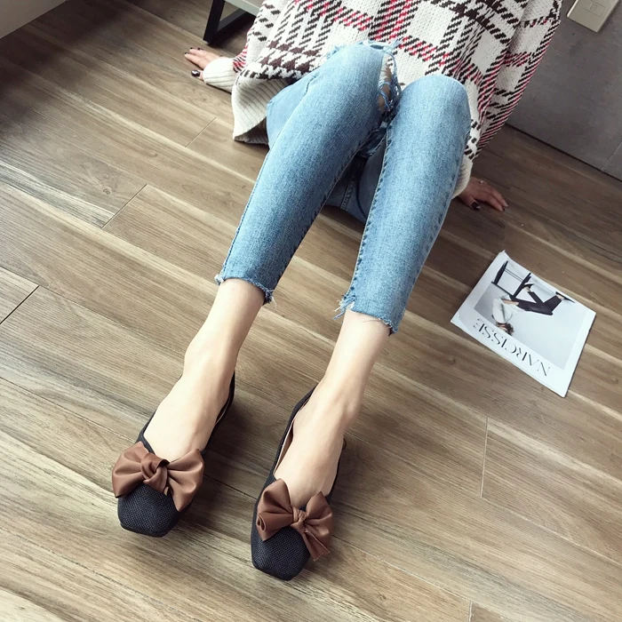 Cloth shallow mouth square head shoes spring and summer new bow flat with flat shoes