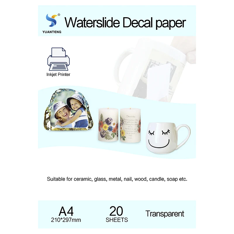 (20 unids/lote) papel de impresión transparente, calcomanía deslizante de agua de inyección de tinta de tamaño A4, papel de impresión transparente, calcomanía de deslizamiento de agua de inyección de tinta, papel gratis