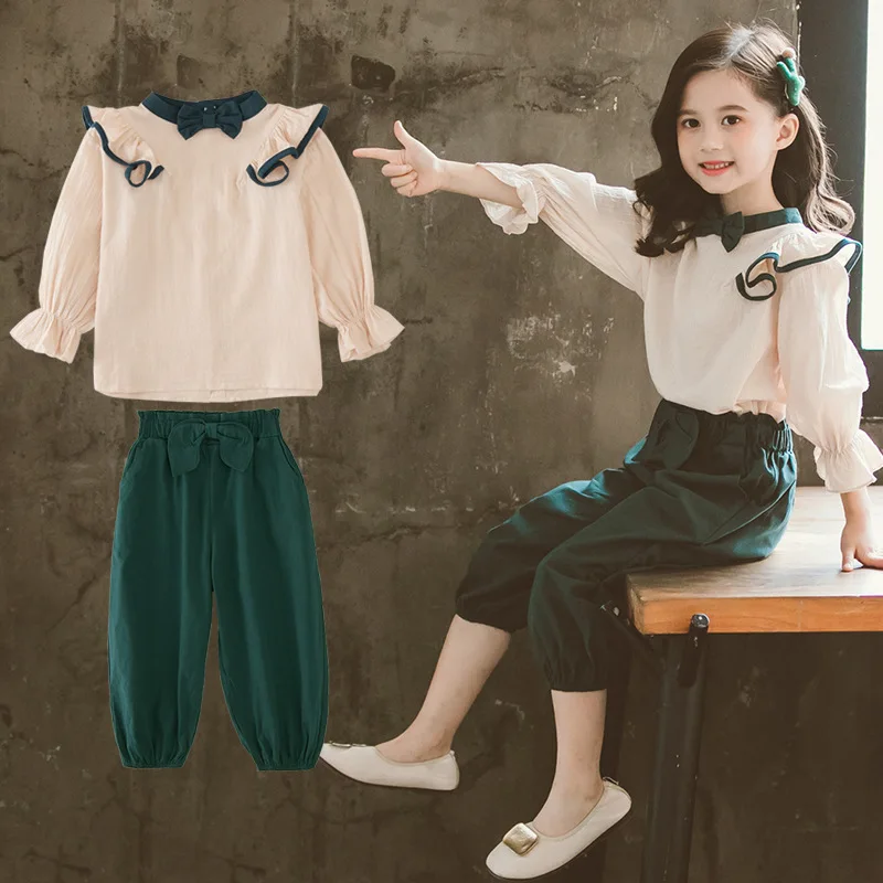 

Children Western Style Childrenswear 2019 Girls Autumn Clothing Bow Shirt Bloomers Both Sets of Big Boy Fashionable Set