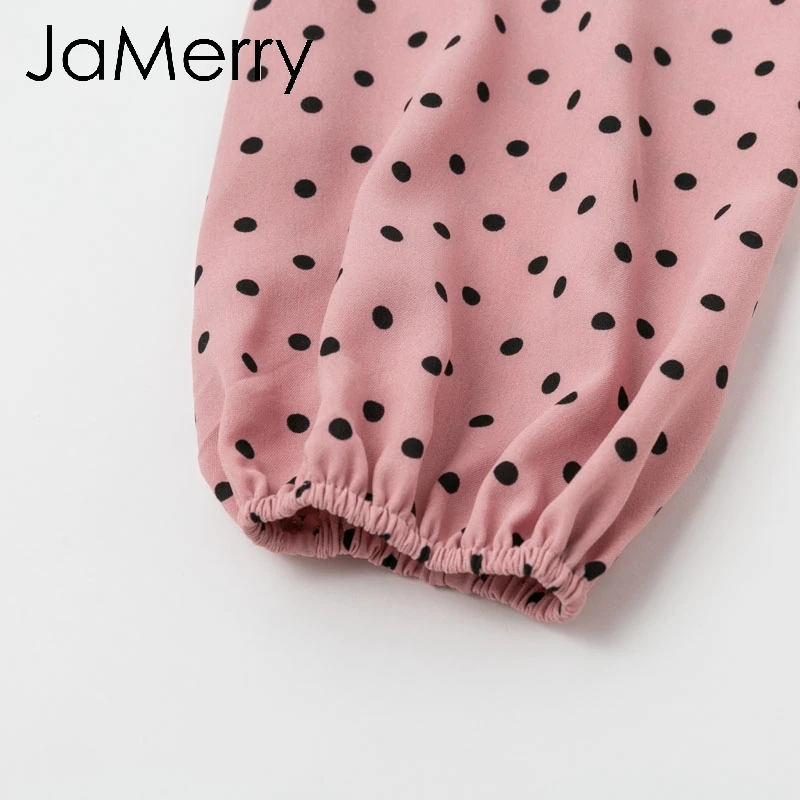 JaMerry винтажное элегантное платье в горошек, Сексуальное розовое платье с рукавом-фонариком, свободное праздничное осеннее женское шикарное длинное вечернее платье макси с бантом