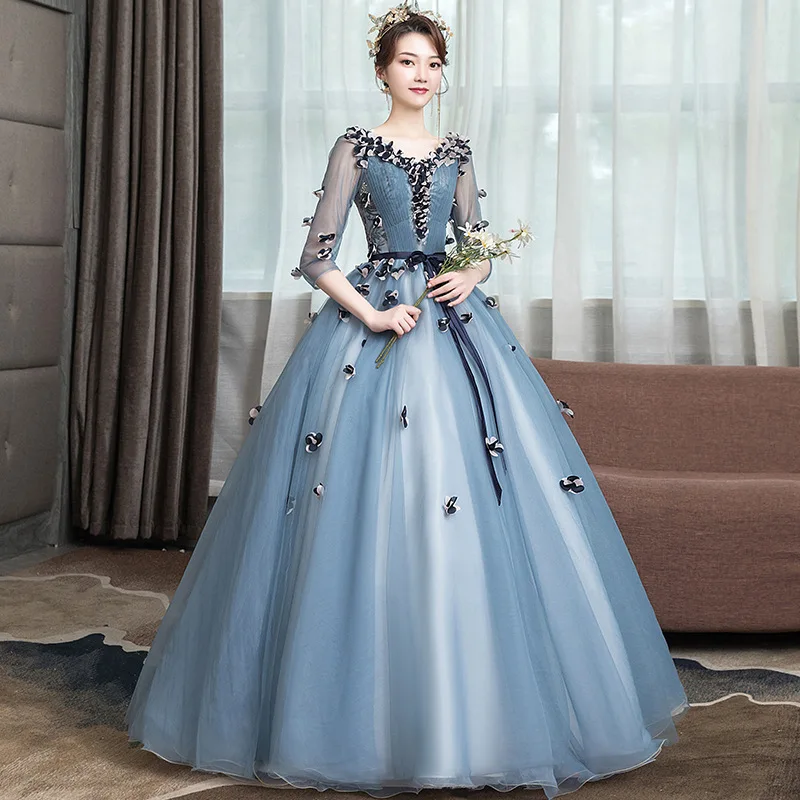 Trajes De Quinceaneras New V Neck Three Quarter Sleeve Quinceanera Dresses Lace Flower Plus Size Lace Up Custom Made Prom Gown