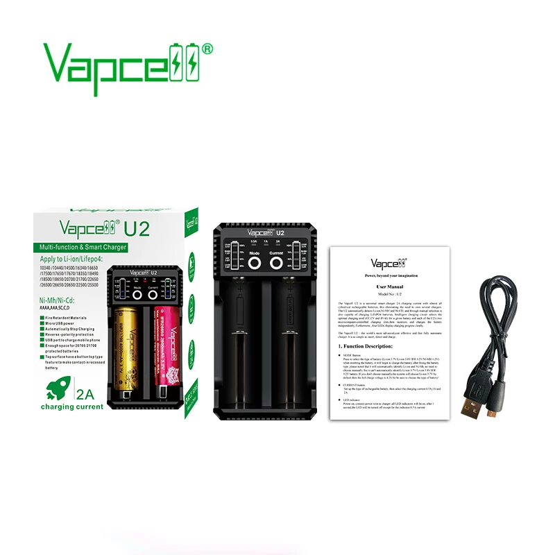 Vapcell U2 2A Смарт мини зарядное устройство USB для li-ion/Lifepo4/Ni-MH/Ni-Cd AAA AAAA C D заряда батареи Высокое качество