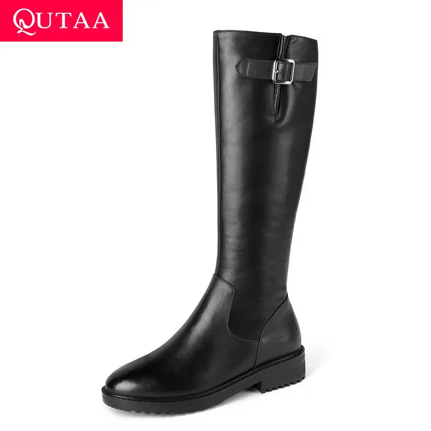 QUTAA/ г.; осенне-зимняя женская обувь из коровьей кожи на квадратном каблуке с пряжкой и молнией; лаконичные сапоги до колена на платформе с круглым носком; размеры 34-42