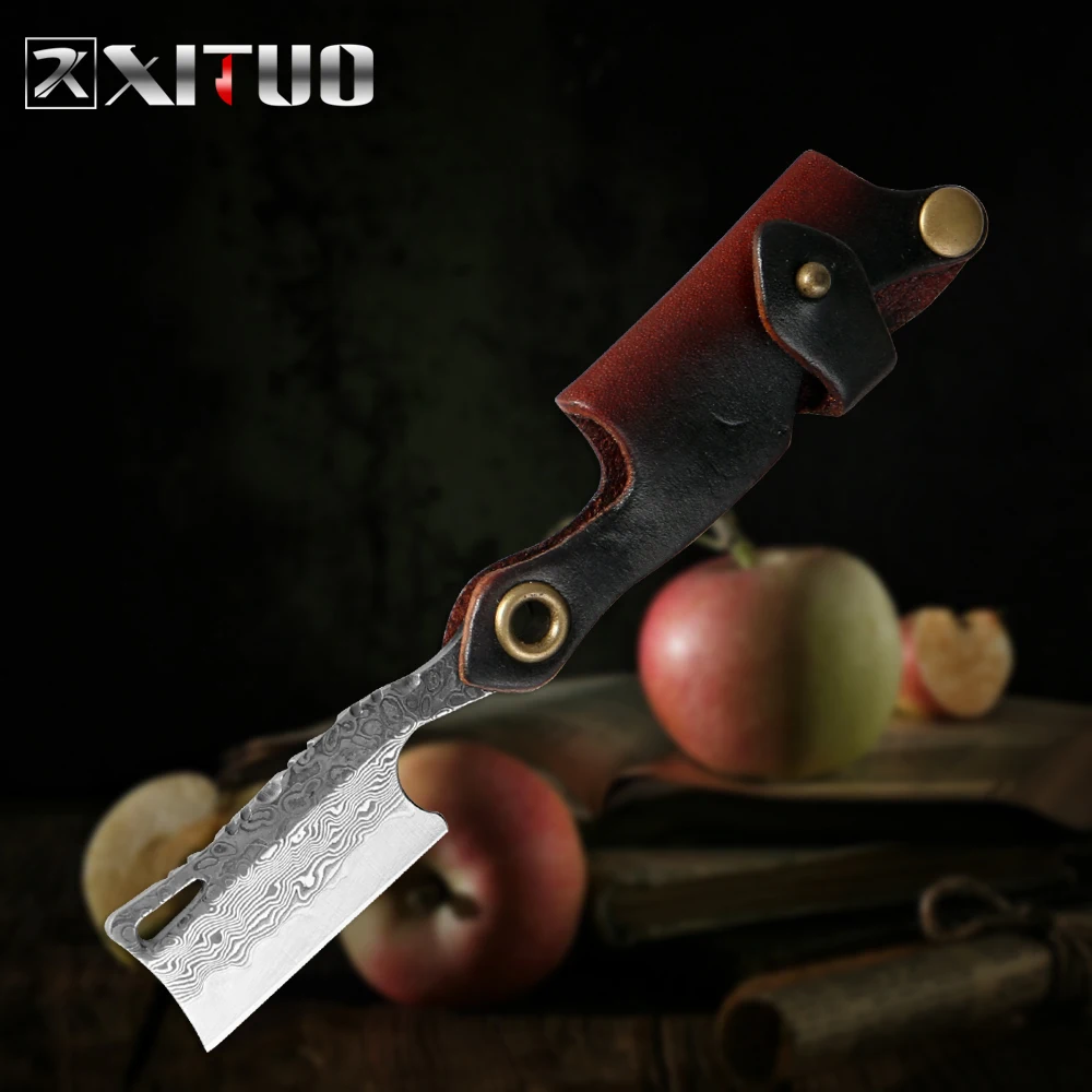 XITUO Фруктовый нож дамасский складной нож с кожаной ручкой кухонный нож шеф-повара мини-бритва острый портативный карманный нож для ключей
