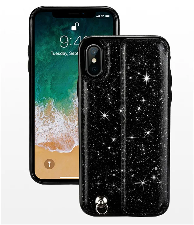 Flash black Кожаный чехол-бумажник Tikitaka для iPhone 7 Plus X XS Max 6 6s Plus, блестящий чехол для карт на запястье для iPhone 7, 8, 8 Plus, X, XR, чехол s - Цвет: Flash black