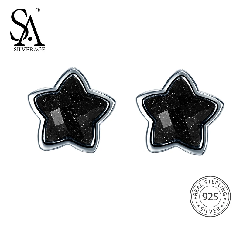 Star studs SA SILVERAGE 925 серебряные серьги-гвоздики со звездой для женщин ювелирные украшения черные Винтажные серьги из стерлингового серебра 925 пробы женские - Gem Color: Star studs