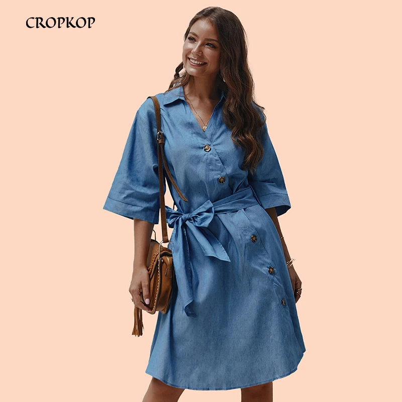 Light blue Джинсовое платье женские классические ремни с бантом однотонные осенние vestidos mujer винтажные зимние свободные трапециевидные Хлопковые Платья с косой пуговицей одежда - Цвет: Light blue