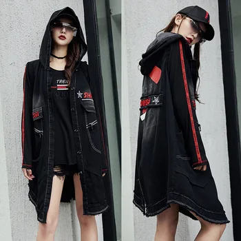 

Embroidery Letter Patchwork long denim vest basic Black Pockets Waistcoat women sleeveless colete feminino Jean Coat SA278S50