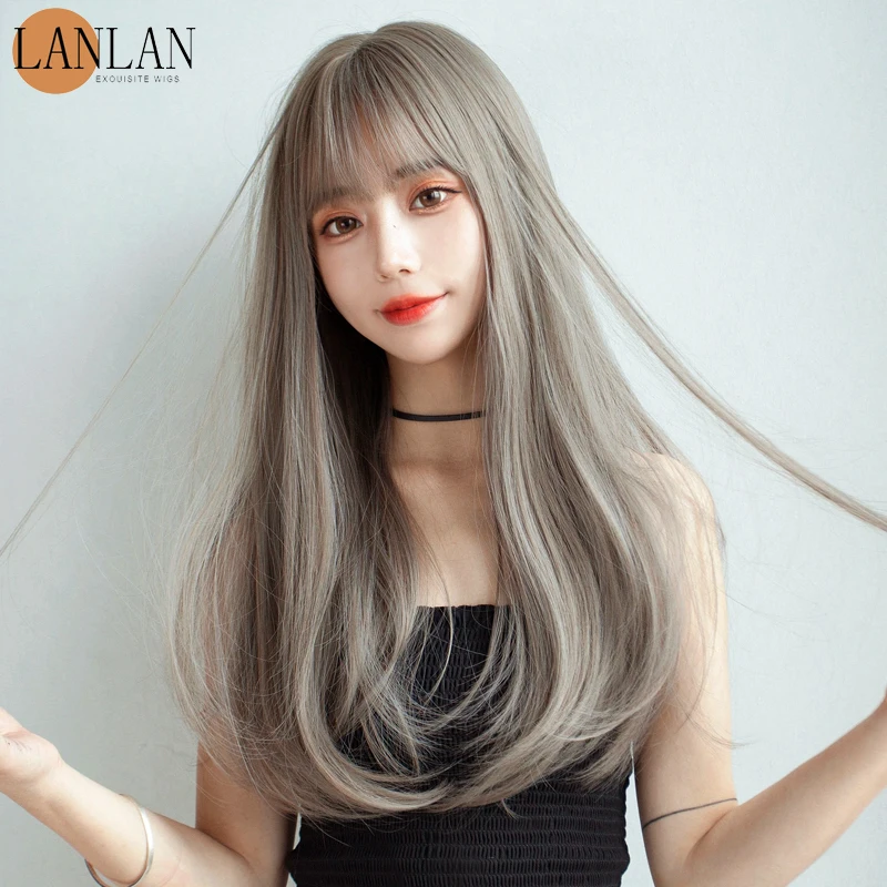 LANLAN-Peluca de cabello sintético para mujer, cabellera larga y Lisa, con flequillo de aire, natural y esponjoso, con botón interno