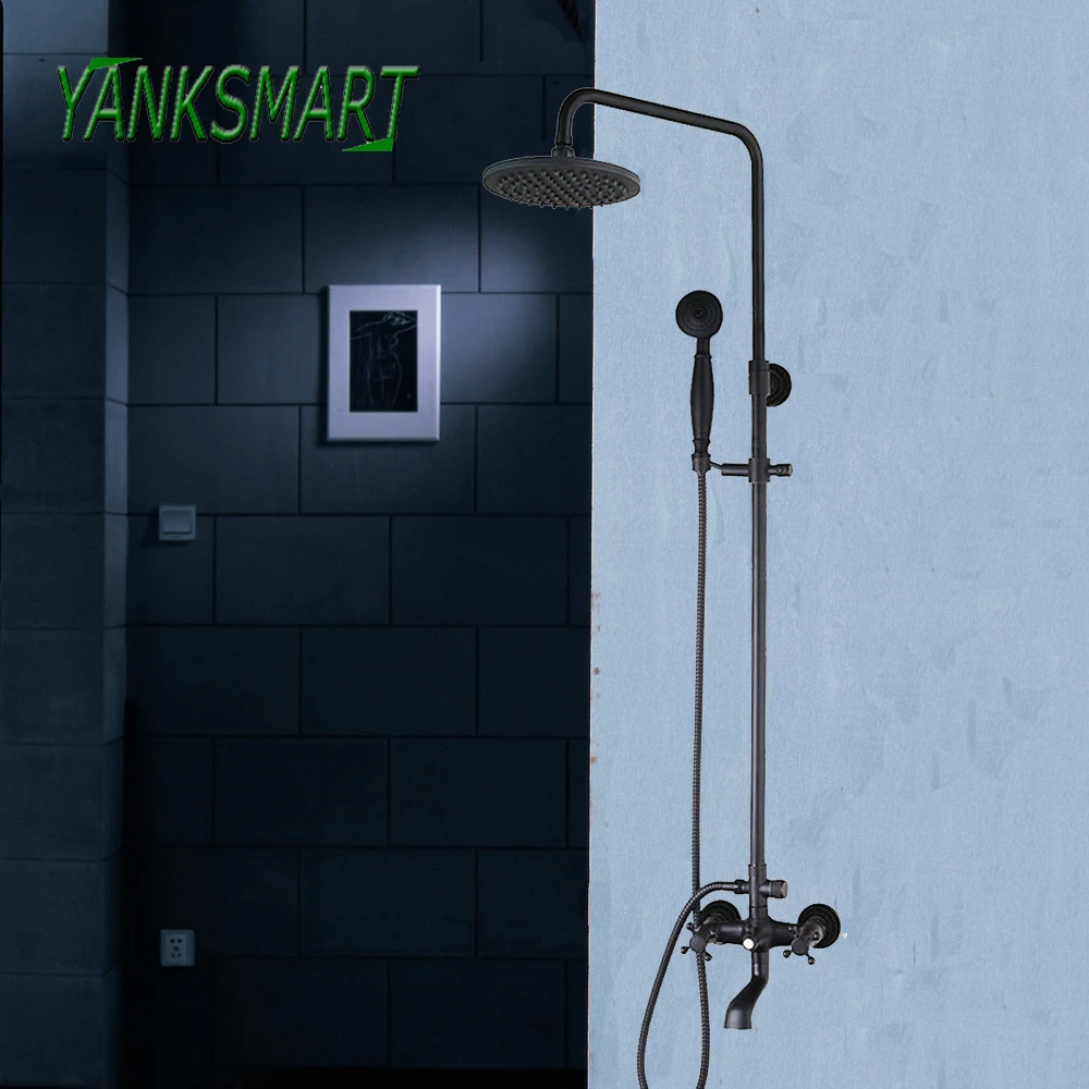 

YANKSMART Black ORB Wall Mounted Shower Faucets Bathroom Round Head 3 Functions Dual Handles Shower Faucet Sets Mixer Tap