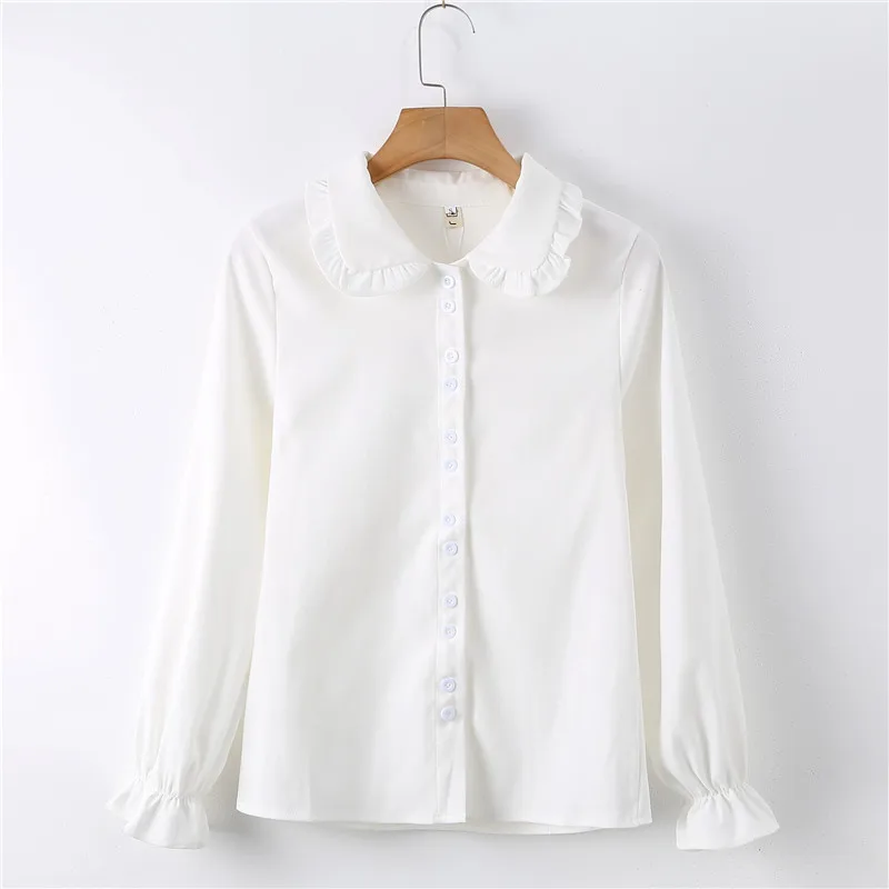 Новое поступление, однотонная белая блузка с рукавами-клеш и воротником Питер Пэн, Повседневная Коричневая милая блузка на пуговицах, Feminina Blusa T99025F - Цвет: White Shirt