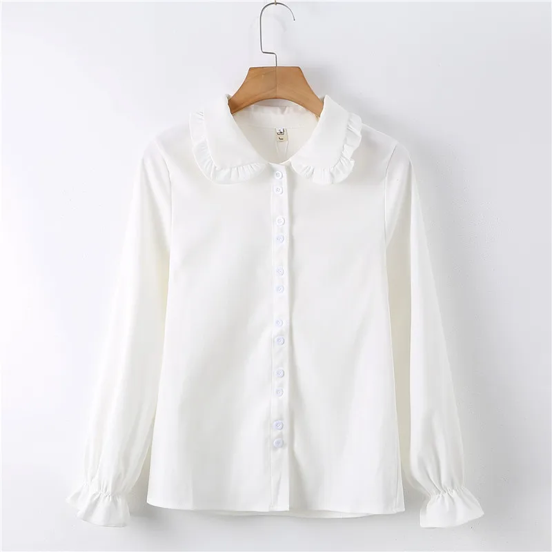 White Shirt Новое поступление, однотонная белая блузка с рукавами-клеш и воротником Питер Пэн, Повседневная Коричневая милая блузка на пуговицах, Feminina Blusa T99025F - Цвет: White Shirt