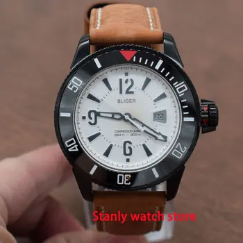 

Bliger 43mm white dial luminous marks ceramic bezel black pvd coated case date display automatic movement men's wrist watch