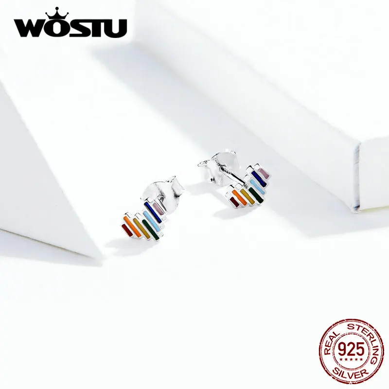 WOSTU подлинные 925 пробы серебряные серьги с радужным сердцем для женщин Новые Красочные Модные украшения для свадебного подарка CQE787