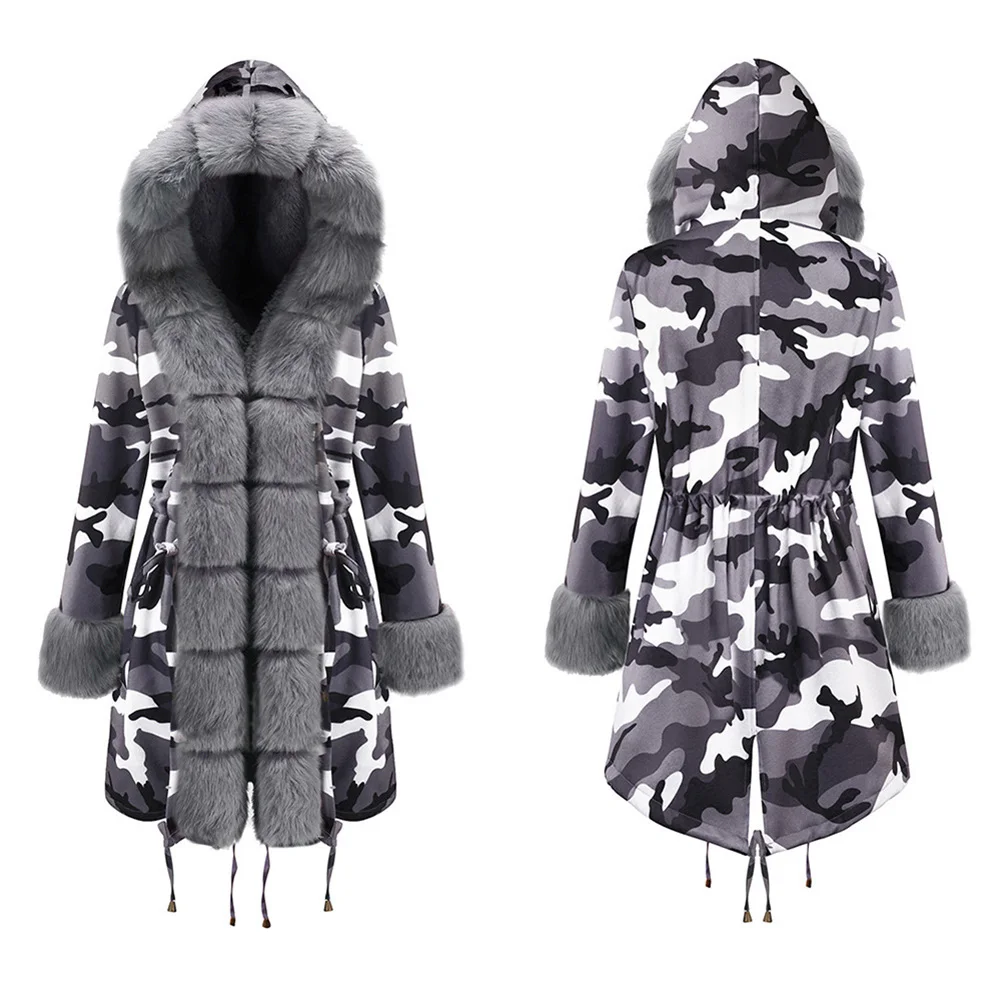 Женская Осенняя зимняя полиэфирная теплая куртка с капюшоном, воротник из искусственного меха, камуфляжное хлопковое пальто, теплые куртки, женские повседневные пальто