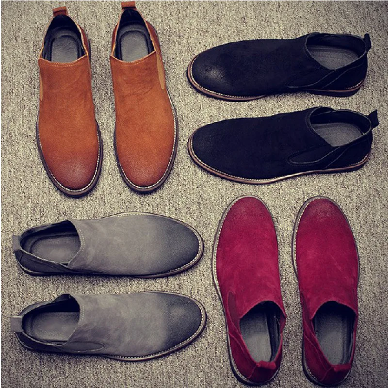 

Leather Cow Suede Pointy Men Chelsea Boots Luxuries British Spring Vintage Ankle Brown Sand Boots Men