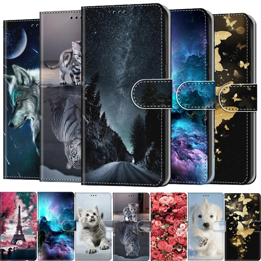 Flip Leather Phone Case For Samsung Galaxy A01 Core A21S A21 M01 M51 Note 20 Ultra Wallet Card Holder Stand Book Cover Cat Dog