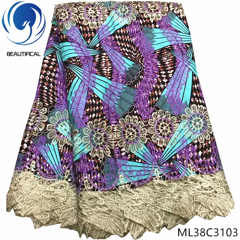 BEAUTIFICAL африканская кружевная ткань Новое поступление хлопок воск смесь гипюр кружевная ткань для женщин 6 ярдов Африканское восковое кружево ML38C31 - Цвет: ML38C3103