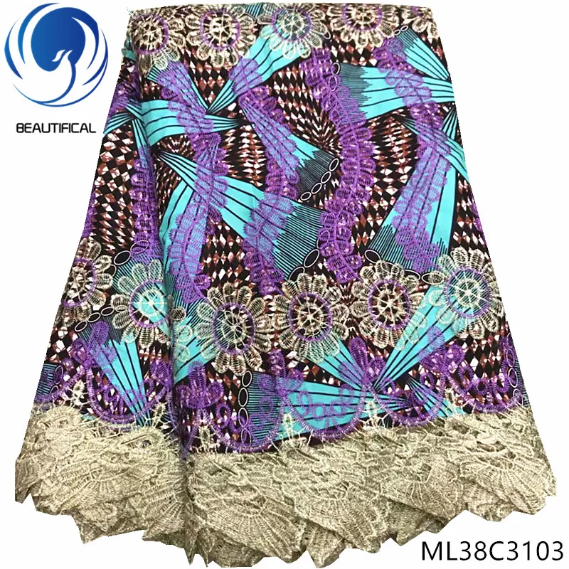 ML38C3103 BEAUTIFICAL африканская кружевная ткань Новое поступление хлопок воск смесь гипюр кружевная ткань для женщин 6 ярдов Африканское восковое кружево ML38C31 - Цвет: ML38C3103