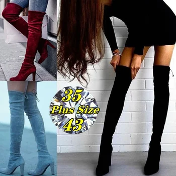 

34-43 Women Fashion Autumn Winter Slim Knee High Boots Slip-on Suede Solid Color High Heel Boots Women Shoes