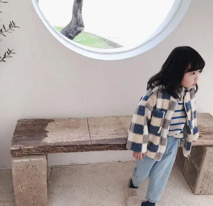 Korea Style Girls Boys Fleece Plaid Coat Winter Fashion Baby Girls Jacket Kids Clothes 1-7 Years