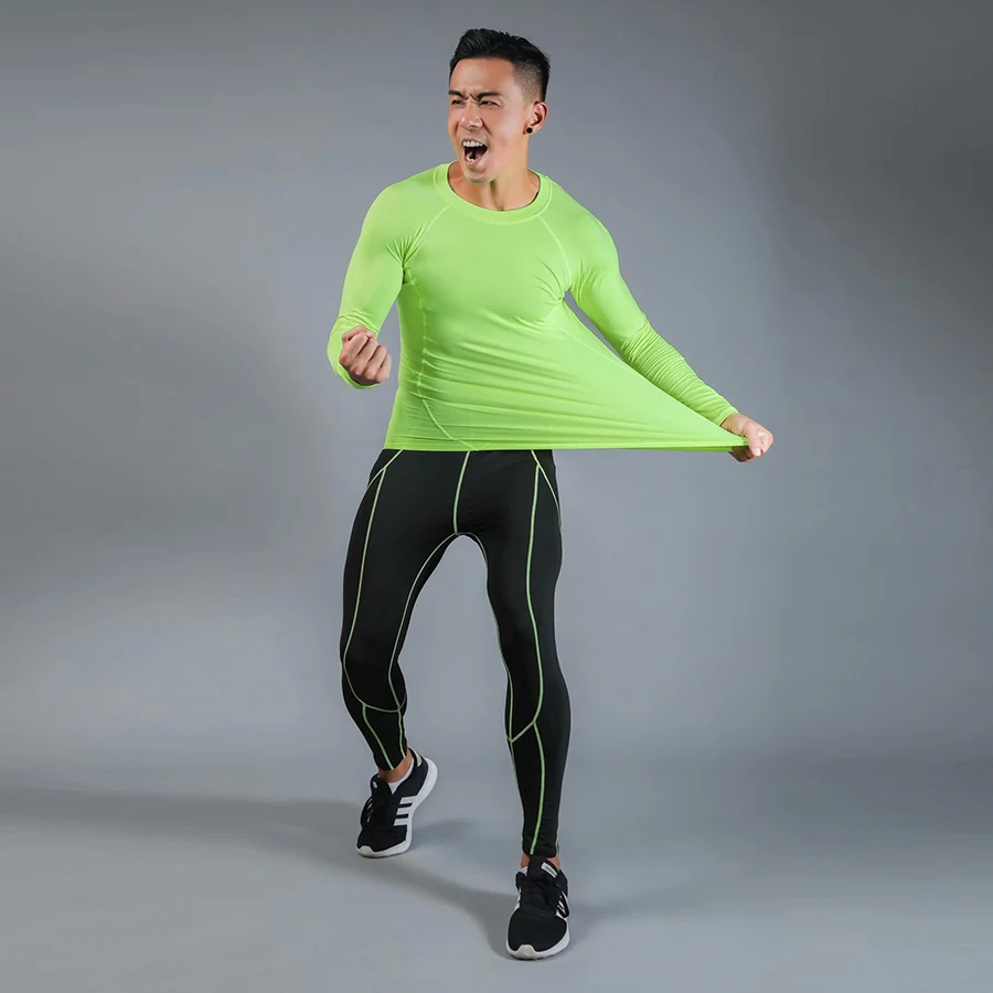 2 green - suit Абсолютно мужской спортивный костюм для тренировок с 3D принтами, плотный компрессионный спортивный костюм для мужчин Рашгард MMA Топ Фитнес Бодибилдинг Спорт Набор - Цвет: 2 green - suit