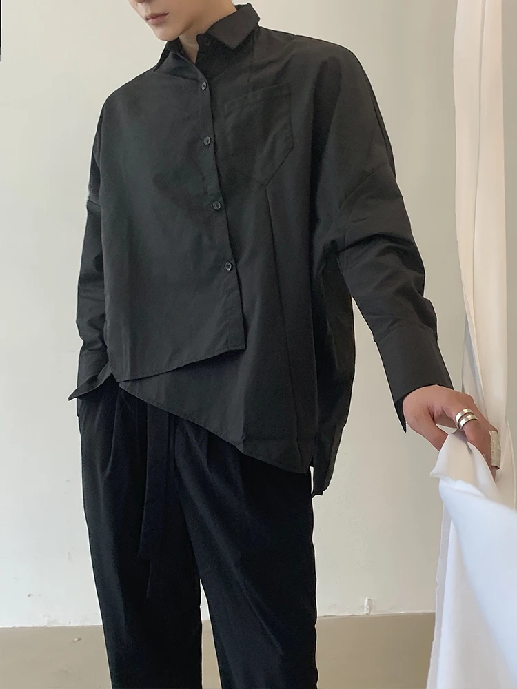 S-6XL! черная рубашка, Мужская ассиметричная, крутая, свободная, темпераментная, модная, трендовая, наклонная, спереди, рукав летучая мышь, на плече, пальто