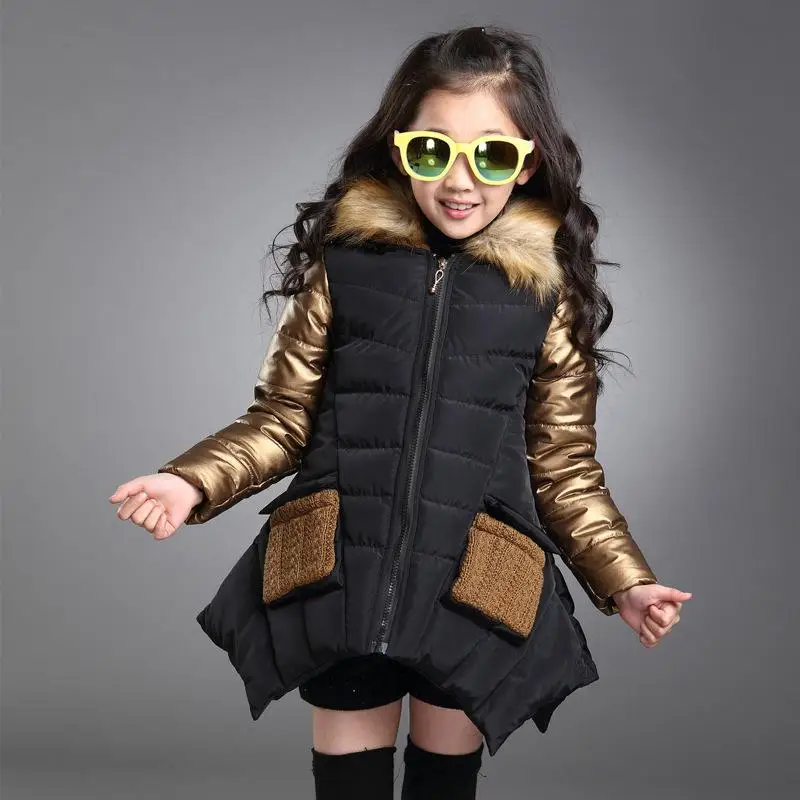 Детская парка, хлопковая одежда Детские теплые толстые длинные пуховые пальто с меховым воротником и капюшоном для девочек-подростков, пуховые пальто Зимние От 4 до 12 лет для девочек - Цвет: Gold black