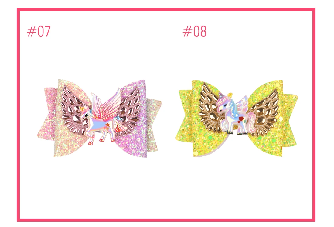 12pcs/lot Children Unicorn Hairpins Girls Glitter Hair Bows Cartoon Wing Fly Kids Hairgrips 3 Inch Rainbow Color Bow Hair Clips