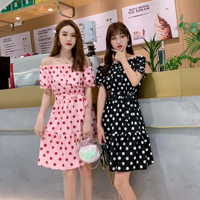 

2019 Summer Wear New Style Korean-style Horizontal Neck off-Shoulder Polka Dot Chiffon Waist Hugging Retro Dress Women's Fashion