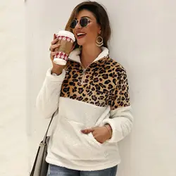 2019 женские модные худи с узорами с леопардовым принтом, осенне-зимние свитшоты с лацканами и длинными рукавами на молнии с карманами