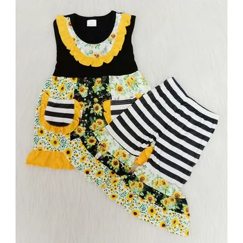 

Kids clothing sets baby girls boutique outfits clothes summer sleeveless sunflower print bell bottom pants capris pocket tunic