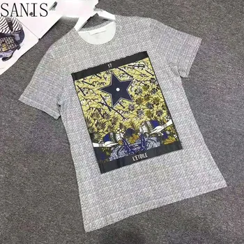 

VERDEJULIAY Runway Fashion 2020 Spring New Arrival High Quality 100% Cotton T-shirt Women Retro Romantic Star Print Casual Tops