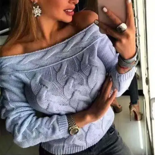 Light Blue Женский осенне-зимний сексуальный однотонный вязаный свитер с открытыми плечами и длинным рукавом, джемпер, Женский пуловер, свитера - Цвет: Light Blue