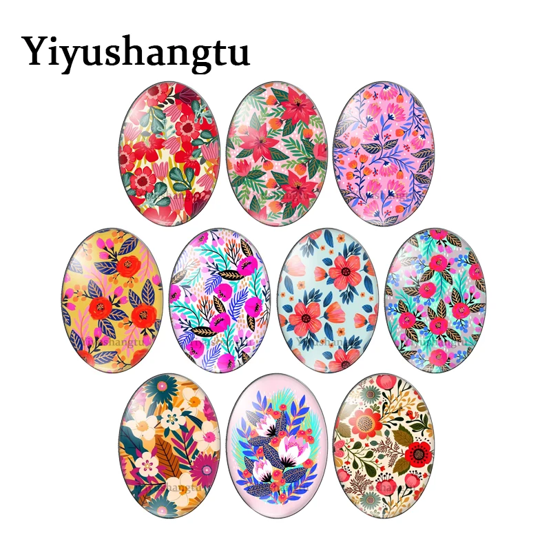 

Red flowers group colourful pattern 13x18mm/18x25mm/30x40mm Oval photo glass cabochon demo flat back Making findings