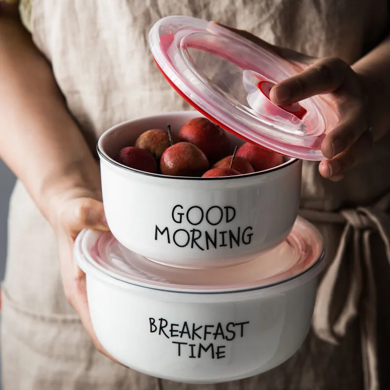 

Sealed Ceramic Freshness round Bowl Simple INS Tableware Microwave Oven Heating Bowl Solid Color Breakfast Salad Instant Noodle