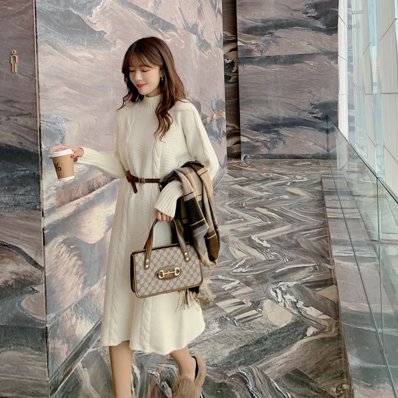 Han edition dress pure color will thicken new winter half a turtle neck twist cultivate one's morality render knitted dress