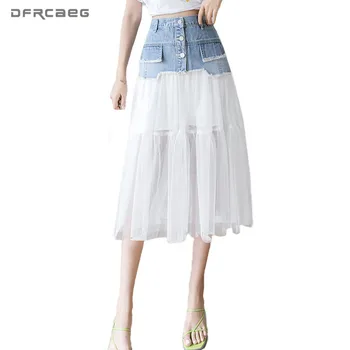 

High Waist Mesh Patchwork Summer Tulle Long Skirts Denim 2020 korean Style Streetwear Vintage Beach Jeans Skirt Femme Saias
