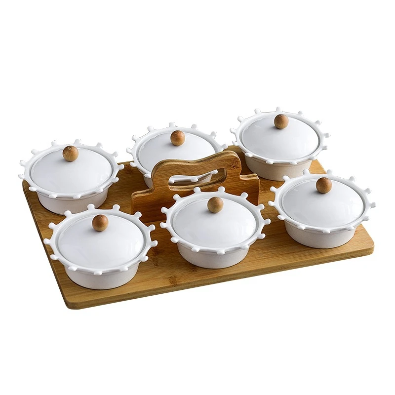 

Ceramic Fruit Plate Dried Fruit Plate New Year Candy Box White Round Grid Fruit Plate With Lid With Bamboo and Wood Creative Fru