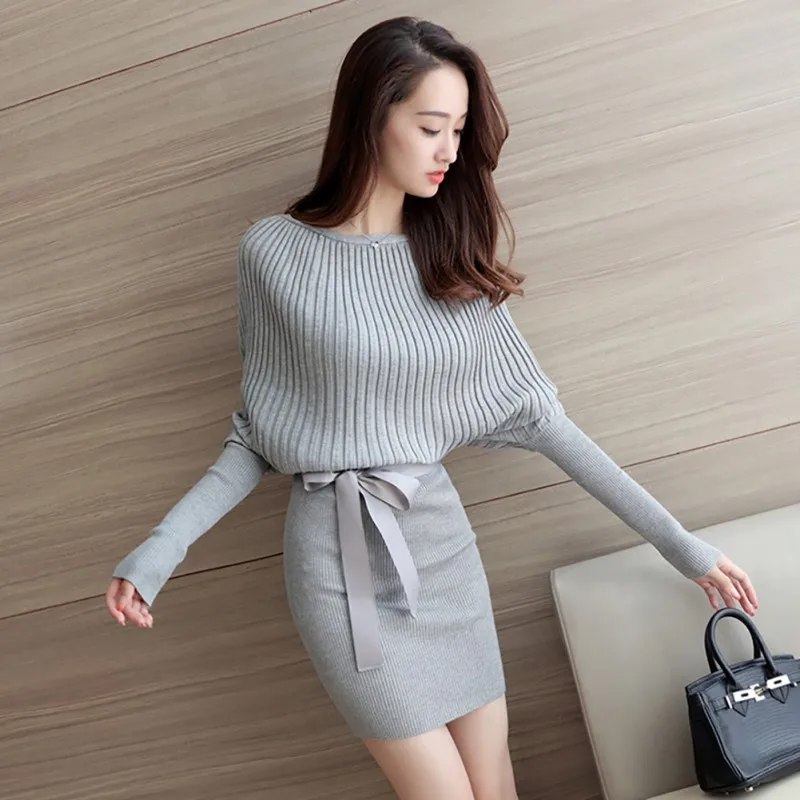 

Autumn Winter Women Knitted Sweater Dress Sexy O Neck Belt Long Sleeve Pencil Hip Bag Mini Dresses Ladies Party Vestido