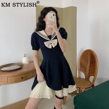 

Women Girls Japanese Dresses High School Uniform Short Puff Sleeves Bow Sailor Collar Navy Blue One-piece Dress