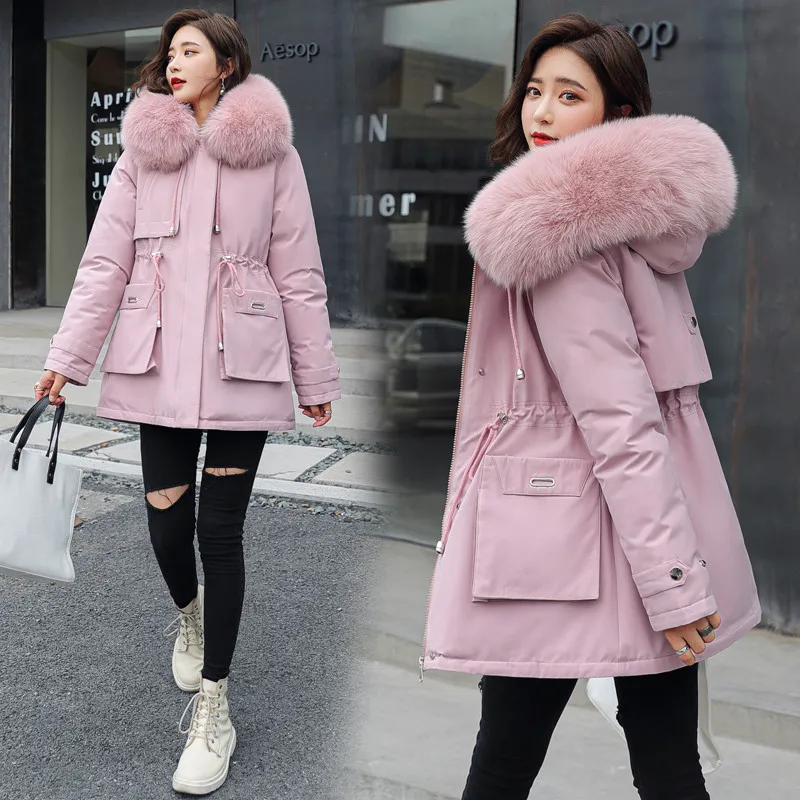 

Women Winter Jacket Snow Wear Warm Padded Clothes Fashionable Fur Lining Female Coat Drawstring Parkas Hooded Outerwear M-3XL