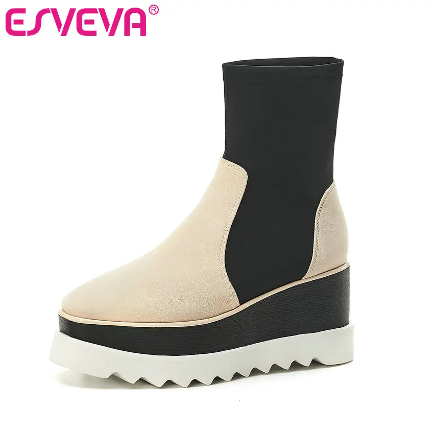 

ESVEVA 2020 Women Shoes Winter Ankle Boots Wedge High Heel Flock Slip On Flock Elegant Motorcycle Platform Boot Size 34-39