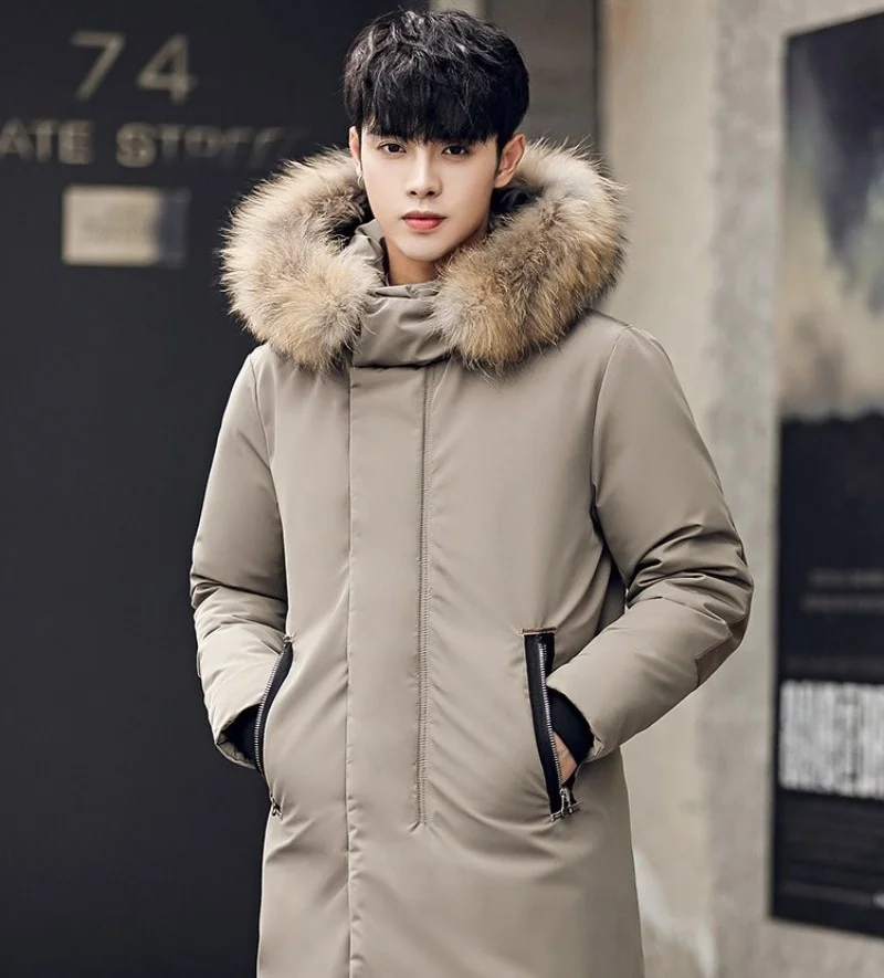 New Brand Winter Fashion Warm Mens Medium Length Down Coats Korean Thick Long Sleeve Patch Slim Big Fur Collar Male Hooded Coats black puffer coat