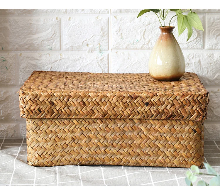 Соломенная коробка для хранения с крышкой прямоугольная бытовая гостиная ретро разное плетеная корзина для хранения спальни хранения одежды коробка