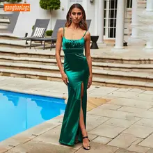 Модные Зеленые платья на выпускной длинное тонкое эластичное атласное светоотражающее торжественное платье вечернее платье на тонких бретельках длиной до щиколотки платье для выпускного вечера