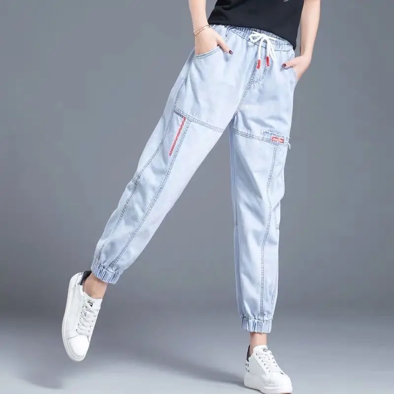 

High Waist Harem Pants Capri-Pants Women's Jeans Elastic Waist Cargo Pants Women's Spring Casual Ankle-Length Ankle Bands Pants
